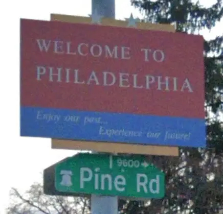 Pine & Welsh Road Philadelphia, PA 19115 Welcome to Philadelphia sign.